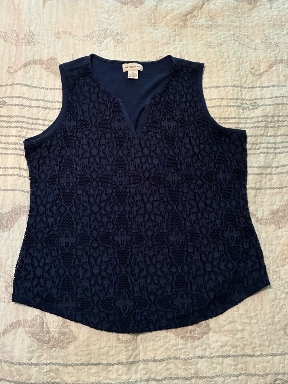 Lace Overlay Sleeveless Shell Top - Navy
